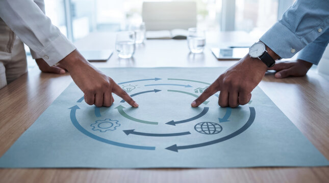 Corporate governance strategy meeting with hands pointing to business plan on office table