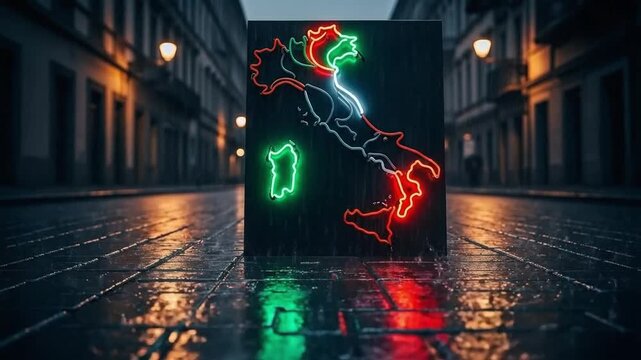 Neon Italy map sign glowing in vibrant red, white, and green on a wet cobblestone street at night, symbolizing Italian culture, travel, and tourism
