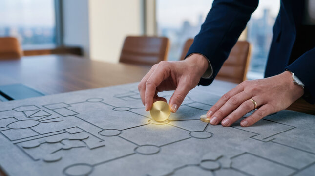 Corporate governance strategy planning meeting boardroom business leader hand place gold token on chart