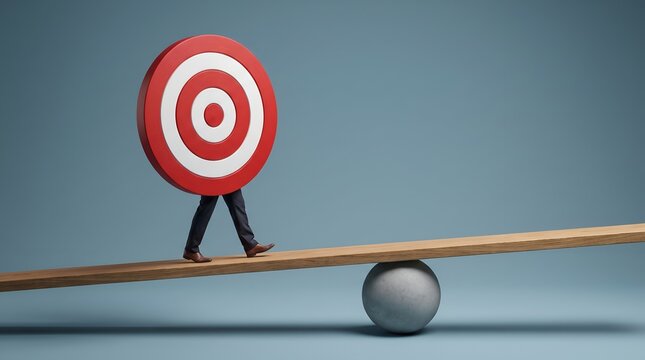 Corporate Risk Management Concept Featuring Target in Business Suit Balancing on Seesaw for Financial Stability
