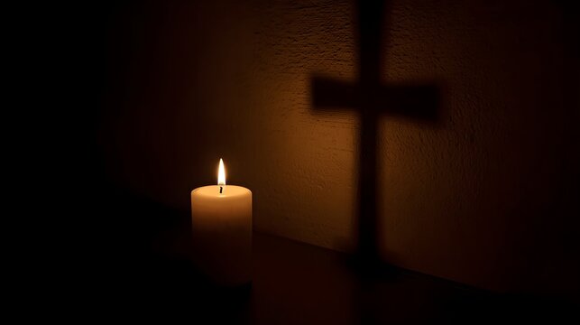 Candlelight and wooden crosses creating a warm Christian prayer scene with dramatic shadows and spiritual atmosphere