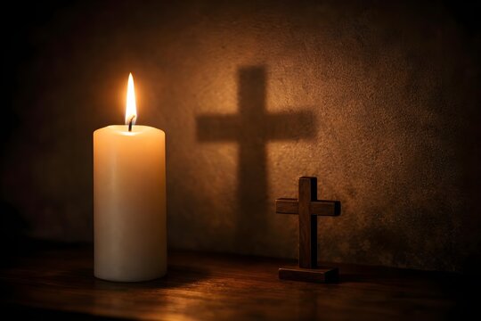 Glowing candle casting a Christian cross shadow on a warm dark wall in a contemplative spiritual setting