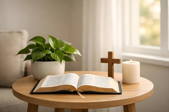 Open Bible and wooden cross displayed beside a green plant in a bright peaceful Christian home interior