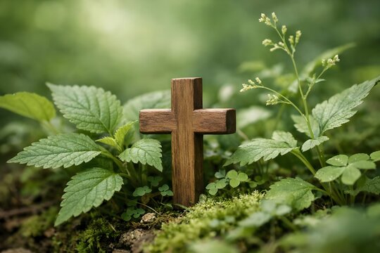 Rustic wooden cross surrounded by fresh green foliage in natural light symbolizing Christian faith and hope