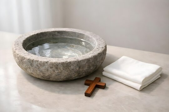 Christian baptism setting with a stone water basin, white cloth and wooden cross representing faith and spiritual renewal