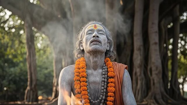 Indian Sadhu ascetic holy man covered in ash with marigold flower garland during ritual meditation outdoors
