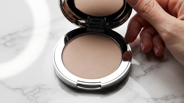 Womans Hand Opening a Compact Makeup Powder on a Marble Surface.