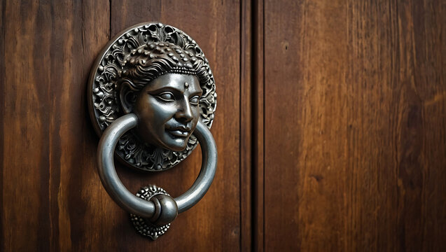 Silver Made door Knocker on wooden background, photo