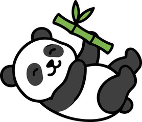 Cute cartoon panda hanging on bamboo branch, playful and happy illustration © Han