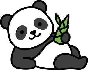 Cute cartoon panda bear holding bamboo leaves, simple illustration, white background © Han