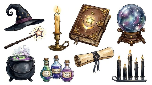 Set of magical witch and wizard items including a hat, wand, spellbook, crystal ball, cauldron, potions, scroll, and candles isolated on white background