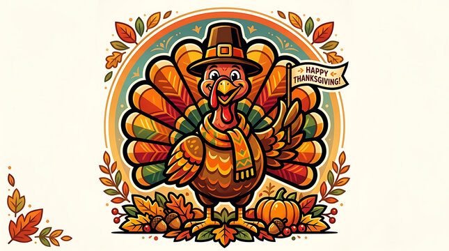 Cartoon style thanksgiving turkey character wearing pilgrim hat and scarf