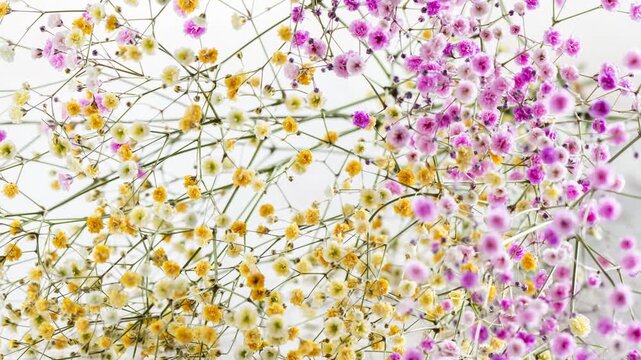 Delicate baby's breath flowers blooming in pink and yellow tones creating soft floral elegance