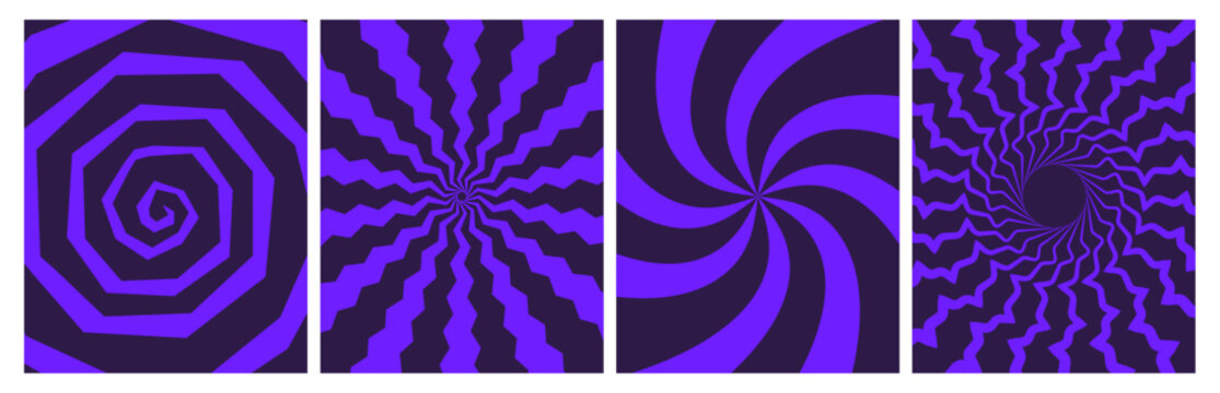 Purple hypnotic spiral backgrounds set. Abstract spooky Halloween psychedelic patterns with sun rays, vortex, swirl, lightning. Retro groovy social media post, poster, banner, flyer, branding