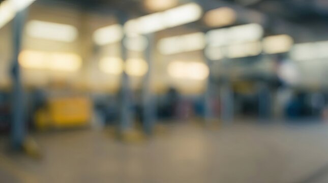 Blurred industrial workshop interior with car lifts and soft lighting
