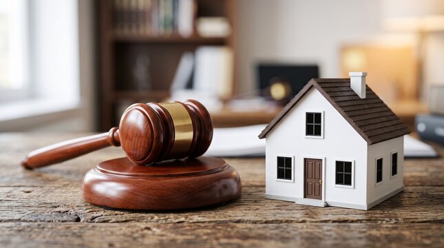 Wooden judge gavel and small house model on office desk, real estate auction concept, property law and foreclosure legal services