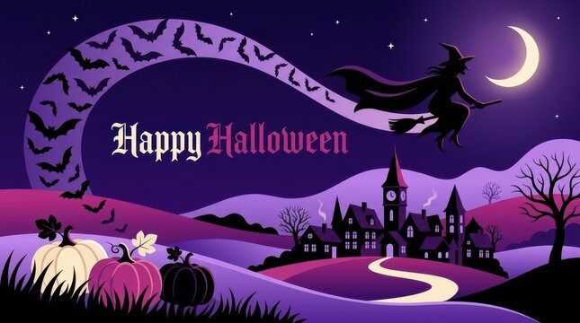 Happy Halloween night scene with witch bats pumpkins moon village and haunted trees