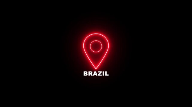 Red neon location pin icon with the text BRAZIL , Country GPS location tracking icon. map pointer navigation and place tracker icon.