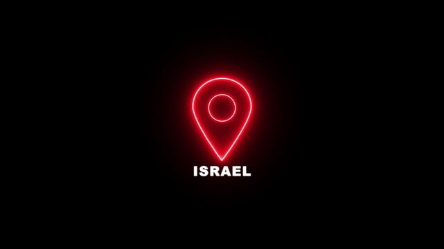 Red neon location pin icon with the text ISRAEL , Country GPS location tracking icon. map pointer navigation and place tracker icon.