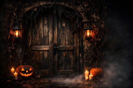 Mysterious old wooden door with a glowing lantern creating a dark rustic haunted atmosphere