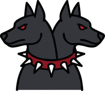 Two-headed dog illustration with red eyes and spiked collar