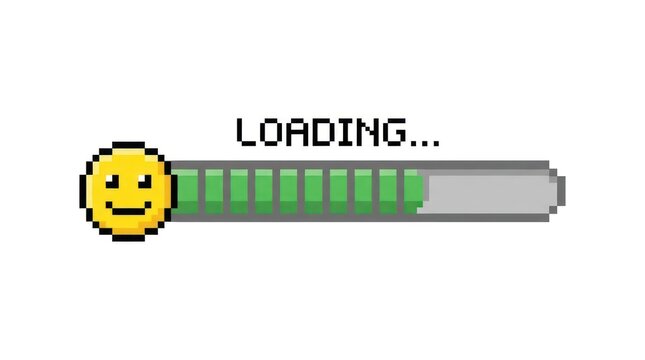 Retro pixel art loading bar with a smiley face icon, indicating progress or download. Vintage 8-bit graphic design for games or websites.