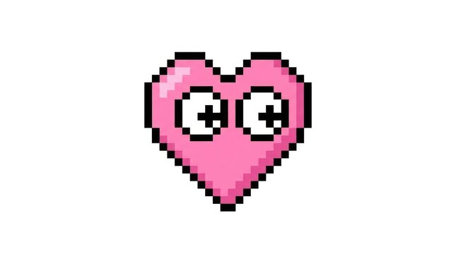 Cute pink pixel art heart character with big eyes, retro 8-bit video game graphic, symbol of love and emotion