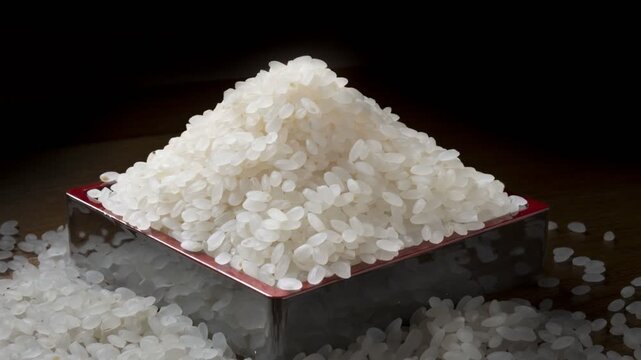 Uncooked white rice heaped in a black lacquer measuring box against a dark background