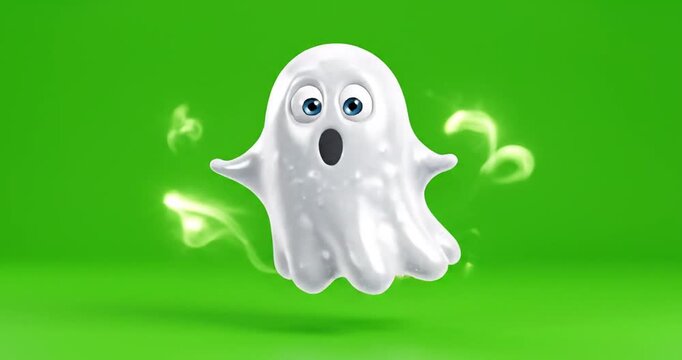 3D cartoon ghost character with a surprised expression isolated on green screen. 4K Video