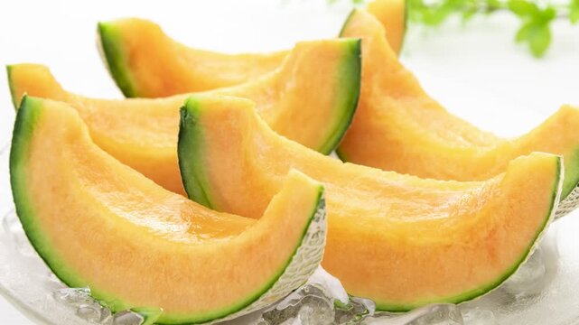 Fresh cantaloupe melon slices displayed on crushed ice with vibrant orange flesh and green rind in 4K detail