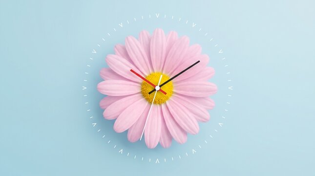 Pink Daisy Flower Shaped Clock on Blue Background Symbolizing Time Management, Punctuality and Efficiency