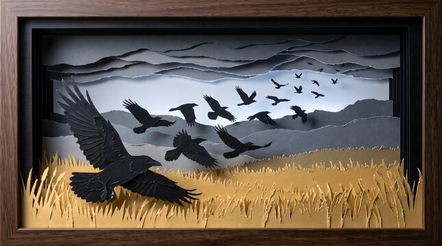 A flock of black crows soaring from a golden paper field into stormy skies, symbolizing freedom and navigating dark life transitions.