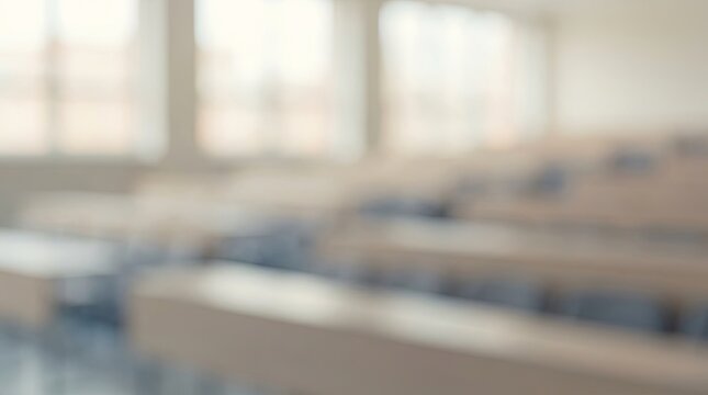 Blurred University Lecture Hall Background with Desks and Windows