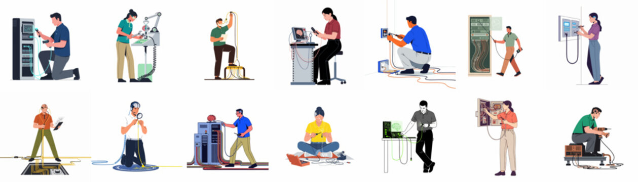Diverse collection of professional technicians and specialists performing various maintenance, installation, and repair tasks across different industries and work environments.