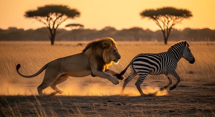 Naklejka premium Majestic Lion Chasing Zebra Across African Savannah at Sunset.