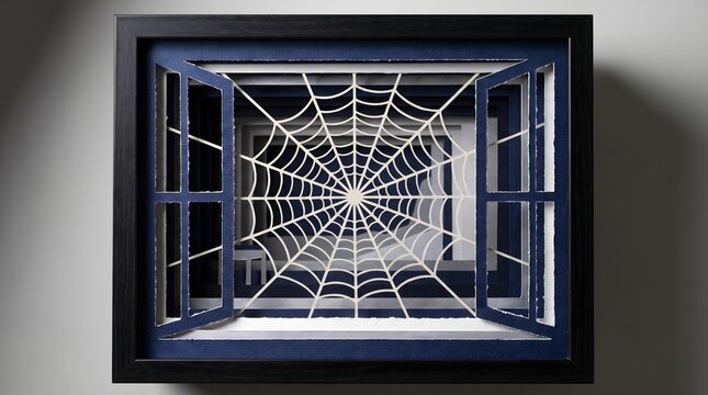 An open window frames a delicate spiderweb, a layered shadow box metaphor for entrapment, perception, and intricate hidden truths.