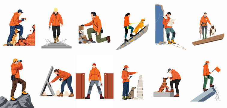 Diverse collection of flat vector illustrations featuring search and rescue personnel and K9 units in various emergency and disaster relief scenarios.
