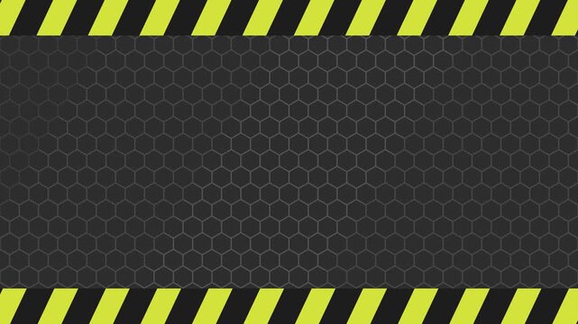 Animated motion graphic of warning stripes moving on a dark hexagonal grid background