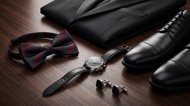 Vintage pocket watch and cufflinks on leather