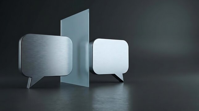 Minimalist 3d render illustration representing the concept of don't want to talk with metallic speech bubbles separated by a glass partition for communication