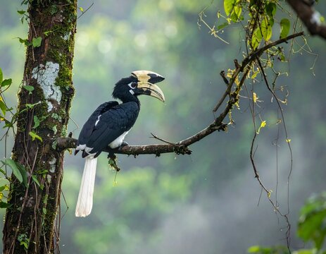 Ultra-realistic Malabar Pied Hornbill perched peacefully amid lush tropical foliage.