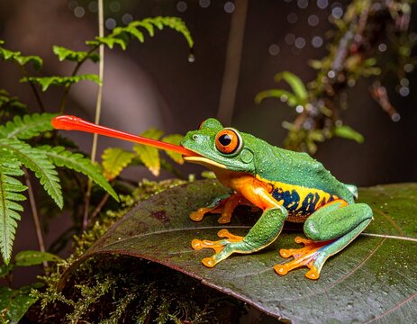 Ultra-realistic Malabar Gliding Frog surrounded by lush, rain-soaked Western Ghats foliage.