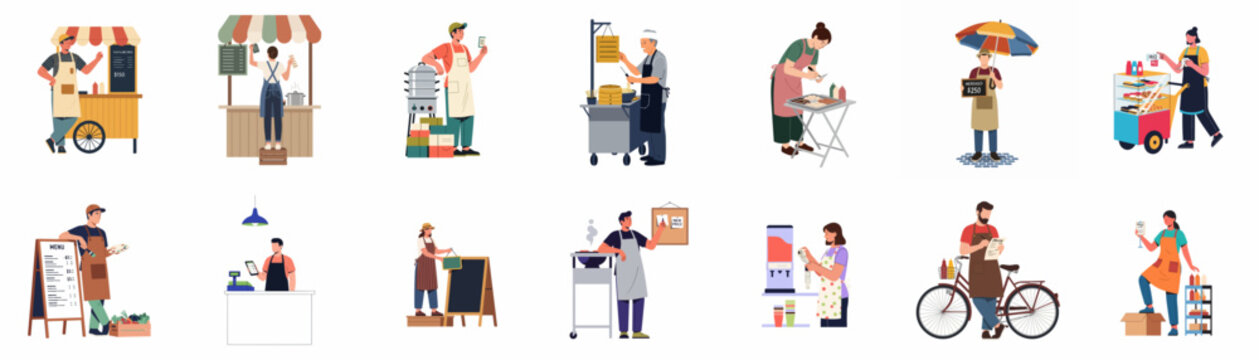 Collection of flat vector illustrations featuring diverse small business owners, street food vendors, and delivery workers isolated on white background.