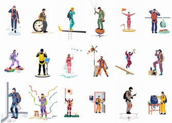 Fototapeta premium A diverse collection of eighteen flat vector illustrations depicting people in various professions, extreme sports, and adventurous roles on a white background.