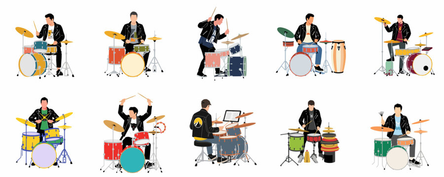 A collection of ten vector illustrations featuring a male drummer in a leather jacket playing various drum kits in different energetic poses.