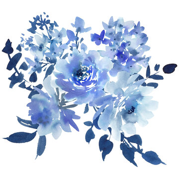 Abstract hand-painted watercolor blue rose and wildflower bouquet PNG clipart for wedding invitations, greeting cards, banners, and stationery