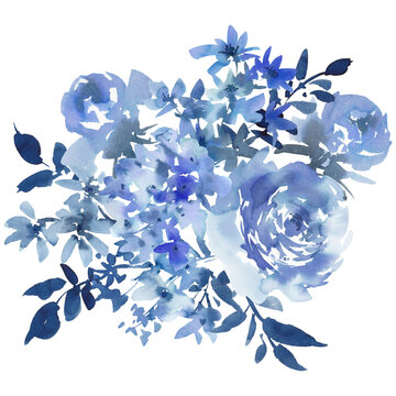 Abstract hand-painted watercolor blue rose and wildflower bouquet PNG clipart for wedding invitations, greeting cards, banners, and stationery