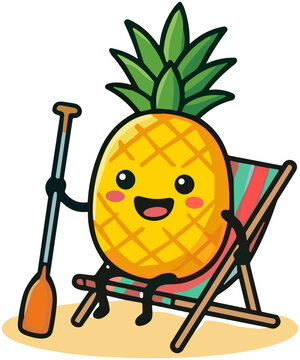 Happy cartoon pineapple relaxing on beach chair with paddle, summer vacation concept