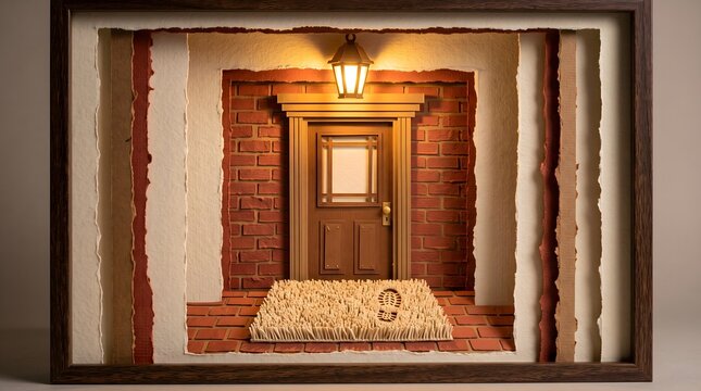 A layered papercraft doorway illuminated by a warm lamp with a footprint on the mat, symbolizing the journey home and taking the first steps into new beginnings.