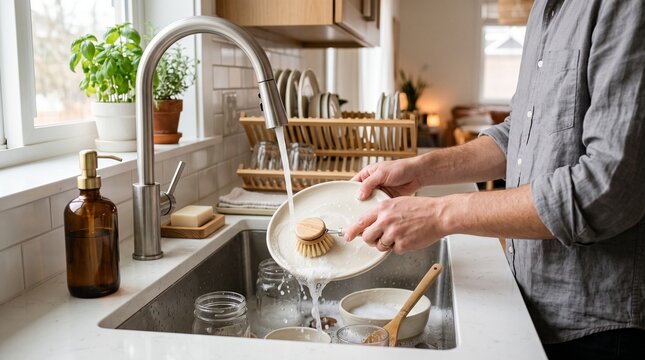 Washing Reusable Dishes in Modern Home Kitchen